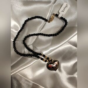 Black Cloisonne Heart Necklace On A Black & Gold Beaded Chain.